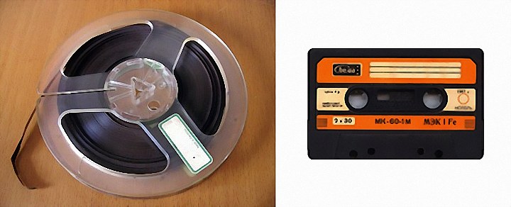 Разные звуконосители магнитофонов: пленка на катушке и пленка в кассете
